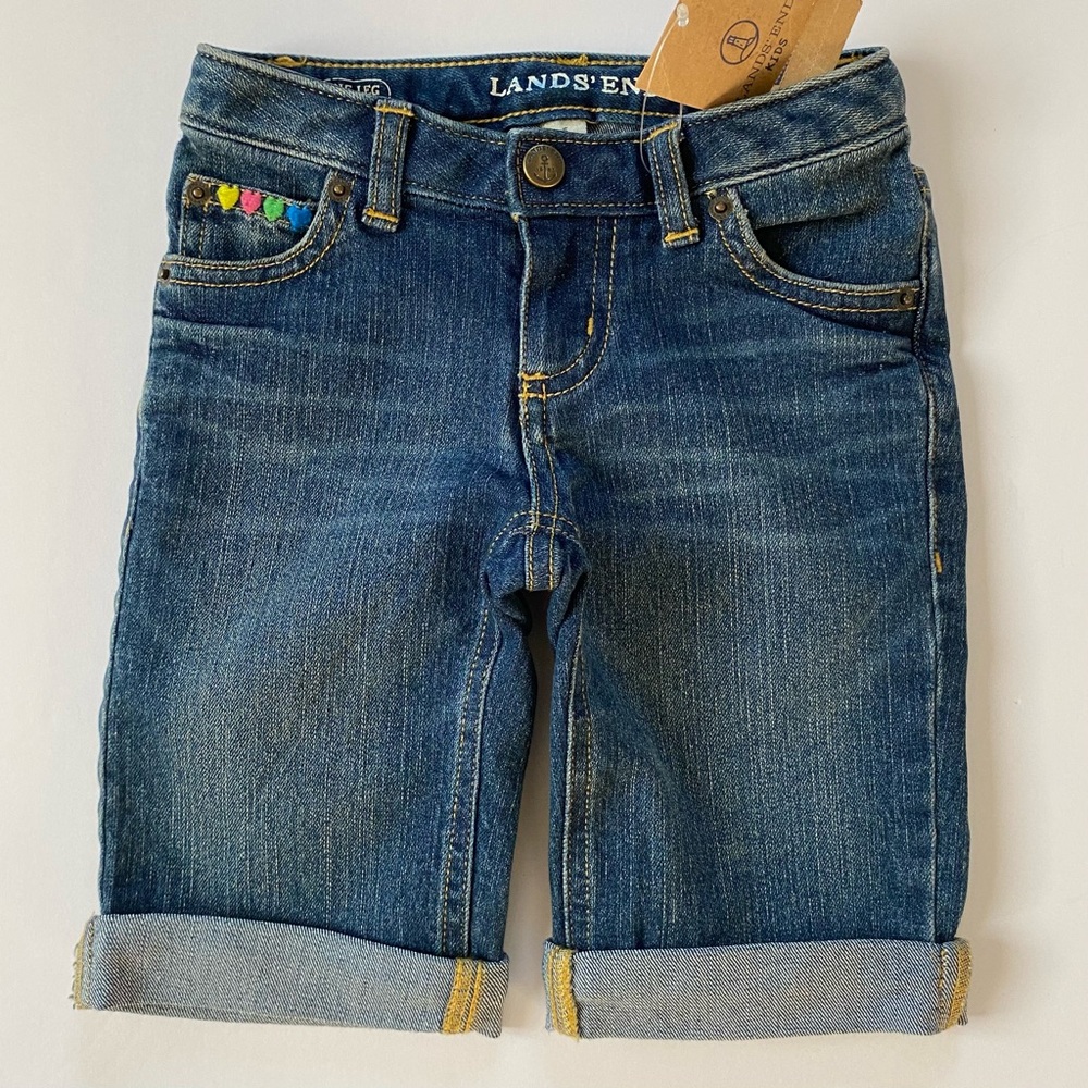 Lands End Jeans Shorts Size 5 New NWT Embroidered Hearts Bermuda denim cuffs